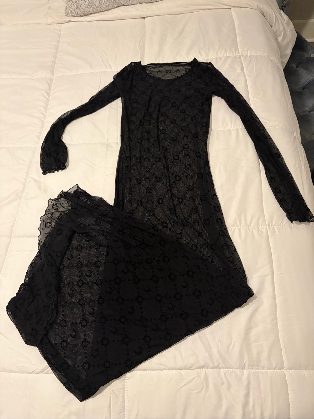 Marine Serre Black Lace Long Sleeve Maxi Dress with Floral Motif